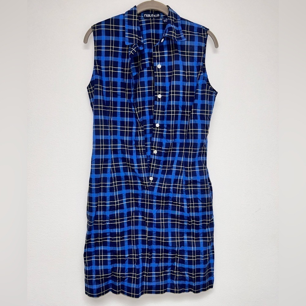 Nautica Blue Yellow Flannel Print Sleeveless Button Down Shirt Dress 10 NWOT - Picture 1 of 8